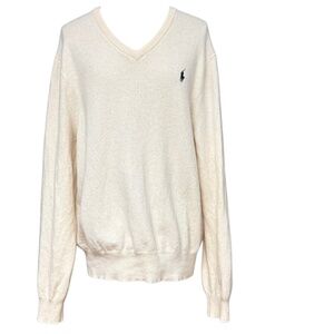 sweater POLO RALPH LAUREN ivory soft wool V-neck men's L logo classic pristine